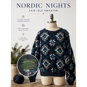 Maine Bay Fair Isle Wool Sweater Nordic Hand Knit Blue‎ White L